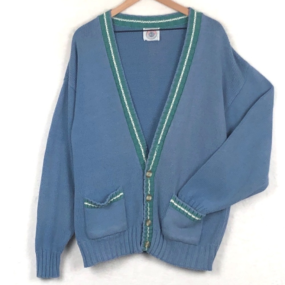 VTG‎ Cape Isle Knitters 100% Cotton Cardigan Sweater Sz L Blue Green Button USA